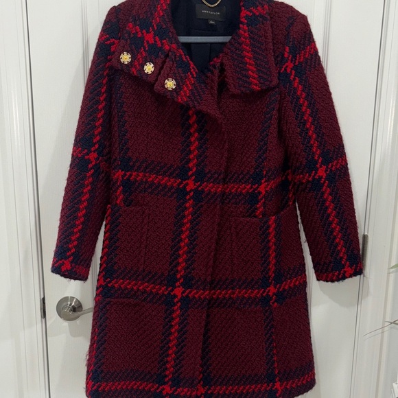 Ann Taylor Maroon, Plaid, Turtle Neck, Wool, Lined, Long, Winter Peacoat- small - Picture 2 of 11